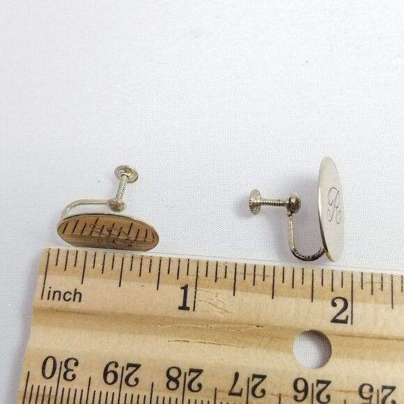 Vintage Letter R Engraved Sterling Silver Clip On Earrings, Oval Shape, Estate - Picture 7 of 9